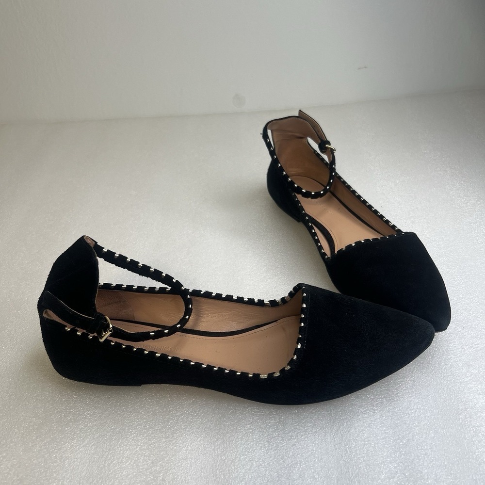 Belle Sigerson Morrison Black suede Flat Ballerina ANKLE Strap Gold Trim Sz 10 - Picture 2 of 13